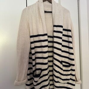 J. CREW Ivory Navy Stripe Cream Sweater Cardigan Knit Merino Cotton (Size S)